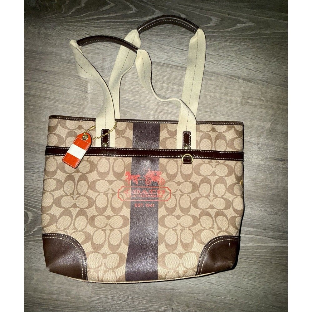Coach Heritage Signature Stripe Tan and Brown and Red Handbag (No. L0768 11350)